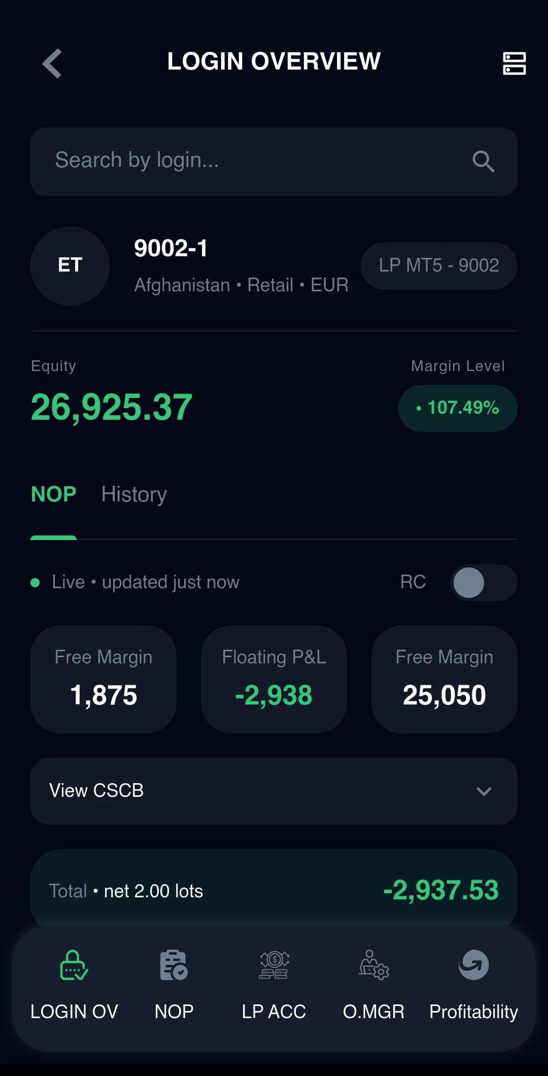 Finkit Risk mobile app — Login Overview